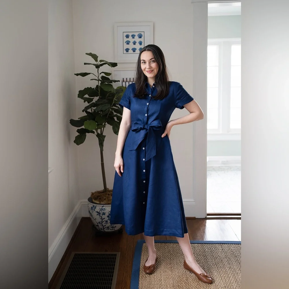 Tuckernuck Hill House Navy 100% Linen Lily Shirt Dress Size XS Nautical Coastal - Picture 15 of 16